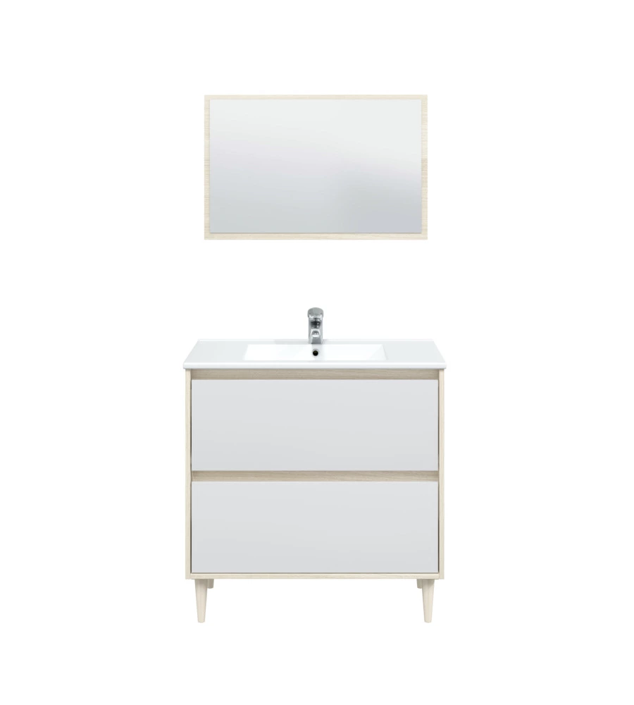 MOBILE BAGNO "VERONA" IN TRUCIOLARE MELAMINICO CON SPECCHIO COLORE BIANCO E ROVERE, 80X45X150 CM